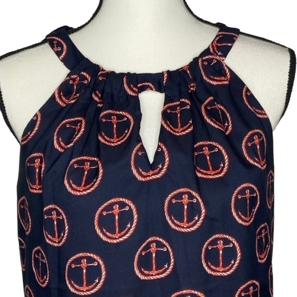 Outback Red Top Nautical Anchor Print Keyhole‎ Tie Neck Sleeveless Blouse Size S - Picture 2 of 13